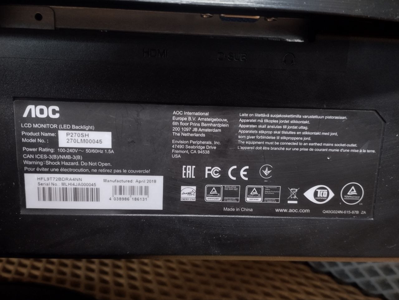 Монитор AOC P270SH / 27" IPS / Full HD 1920×1080